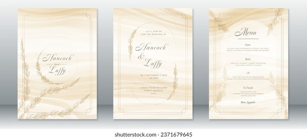 Luxury wedding invitation card template golden design with nature leaf wreath and watercolor background