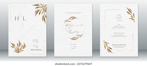 Luxury wedding invitation card template golden design minimalist with leaf and white watercolor background