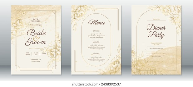 Luxury wedding invitation card template with rose bouquet 