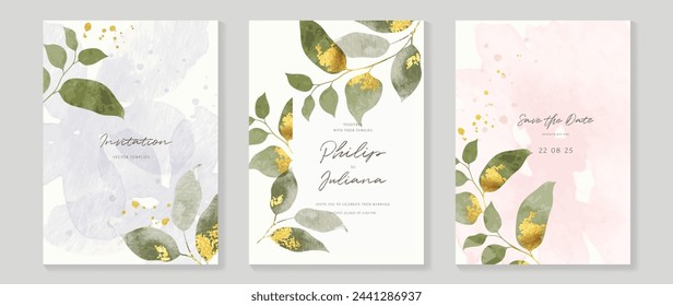 Luxury wedding invitation card template vector. Watercolor card with foliage, leaves branch gold texture on white background. Elegant spring botanical design suitable for banner, cover, invitation.