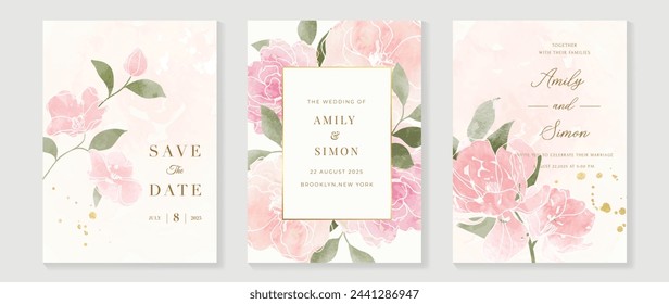 Luxury wedding invitation card template vector. Watercolor card with flower, foliage, gold glitter on pink and white background. Elegant spring botanical design suitable for banner, cover, invitation.