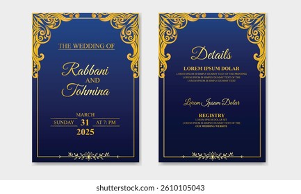Luxury wedding invitation card template with golden pattern