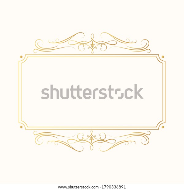 Luxury wedding invitation card template.  Hand drawn\
golden elegant rectangular swirl border in baroque style. Vector\
isolated certificate frame with gold filigree decor scrolls. \

