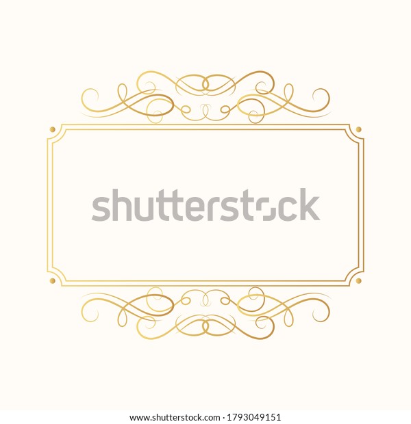 Luxury wedding invitation card template.  Hand drawn\
golden elegant rectangular swirl border vignette elements in\
baroque style. Vector isolated certificate frame with gold filigree\
decor scrolls.  