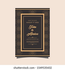 Luxury wedding invitation card Vector. Rich rococo backgrounds. Royal victorian pattern ornament. Made with golden foil Isolated on black background. vector illustration.