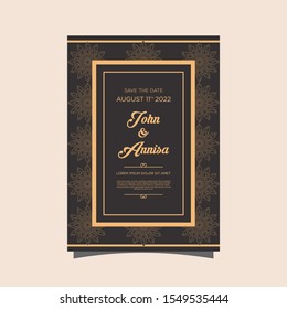 Luxury wedding invitation card Vector. Rich rococo backgrounds. Royal victorian pattern ornament. Made with golden foil Isolated on black background. vector illustration.