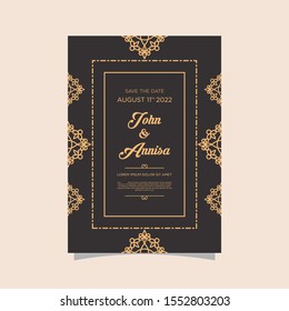 Luxury wedding invitation card Vector. Rich rococo backgrounds. Royal victorian pattern ornament. Made with golden foil Isolated on black background. vector illustration.