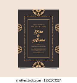 Luxury wedding invitation card Vector. Rich rococo backgrounds. Royal victorian pattern ornament. Made with golden foil Isolated on black background. vector illustration.