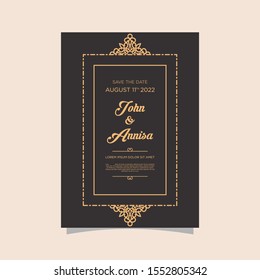 Luxury wedding invitation card Vector. Rich rococo backgrounds. Royal victorian pattern ornament. Made with golden foil Isolated on black background. vector illustration.