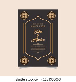 Luxury wedding invitation card Vector. Rich rococo backgrounds. Royal victorian pattern ornament. Made with golden foil Isolated on black background. vector illustration.