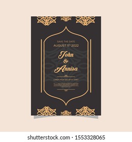 Luxury wedding invitation card Vector. Rich rococo backgrounds. Royal victorian pattern ornament. Made with golden foil Isolated on black background. vector illustration.