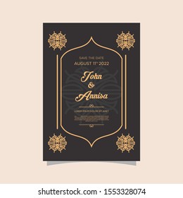Luxury wedding invitation card Vector. Rich rococo backgrounds. Royal victorian pattern ornament. Made with golden foil Isolated on black background. vector illustration.
