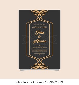 Luxury wedding invitation card Vector. Rich rococo backgrounds. Royal victorian pattern ornament. Made with golden foil Isolated on black background. vector illustration.