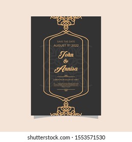Luxury wedding invitation card Vector. Rich rococo backgrounds. Royal victorian pattern ornament. Made with golden foil Isolated on black background. vector illustration.