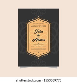 Luxury wedding invitation card Vector. Rich rococo backgrounds. Royal victorian pattern ornament. Made with golden foil Isolated on black background. vector illustration.