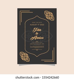 Luxury wedding invitation card Vector. Rich rococo backgrounds. Royal victorian pattern ornament. Made with golden foil Isolated on black background. vector illustration.