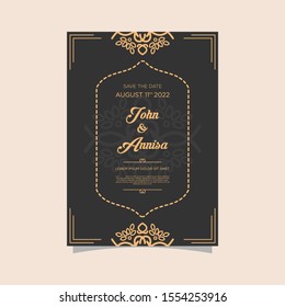 Luxury wedding invitation card Vector. Rich rococo backgrounds. Royal victorian pattern ornament. Made with golden foil Isolated on black background. vector illustration.