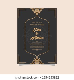 Luxury wedding invitation card Vector. Rich rococo backgrounds. Royal victorian pattern ornament. Made with golden foil Isolated on black background. vector illustration.