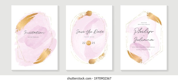 Luxury wedding invitation card vector. Invite cover design with watercolor blush and gold line texture.