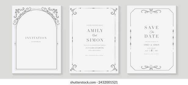 Luxury wedding invitation card vector. Elegant art nouveau classic antique design, gray line, frame on white background. Premium design illustration for gala, grand opening, art deco.