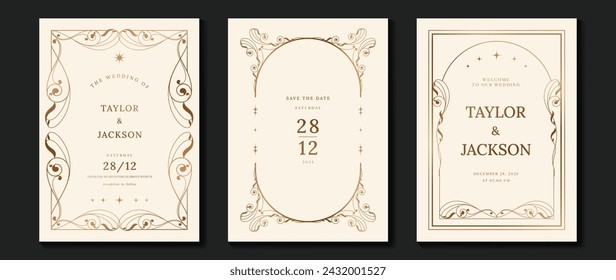 Luxury wedding invitation card vector. Elegant art nouveau classic antique design, gold lines gradient, frame on light background. Premium design illustration for gala, grand opening, art deco.