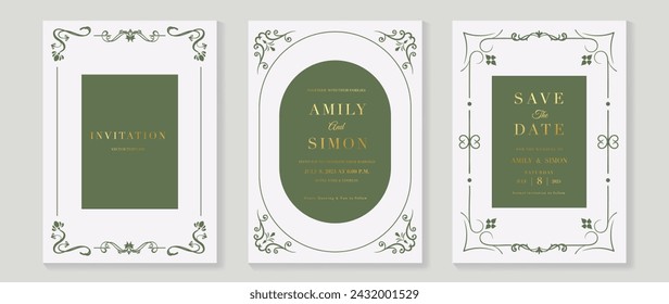 Luxury wedding invitation card vector. Elegant art nouveau classic antique design, green line, frame on white background. Premium design illustration for gala, grand opening, art deco.