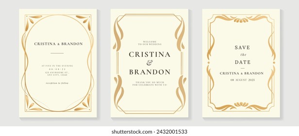 Luxury wedding invitation card vector. Elegant art nouveau classic antique design, gold lines gradient, frame on light background. Premium design illustration for gala, grand opening, art deco.