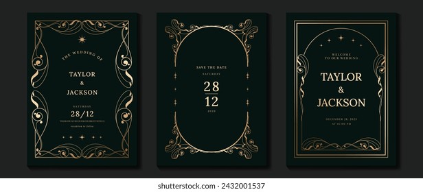 Luxury wedding invitation card vector. Elegant art nouveau classic antique design, gold lines gradient, frame on dark green background. Premium design illustration for gala, grand opening, art deco.