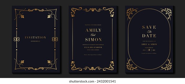 Luxury wedding invitation card vector. Elegant art nouveau classic antique design, gold line gradient, frame on navy background. Premium design illustration for gala, grand opening, art deco.