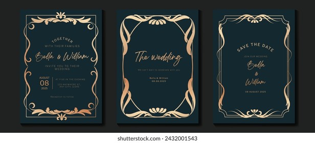 Vector de invitación de boda de lujo. Elegante art nouveau clásico diseño antiguo, degradado de líneas de oro rosa, marco sobre fondo azul marino. Ilustración de diseño premium para gala, gran inauguración, art deco.