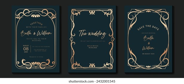 Luxury wedding invitation card vector. Elegant art nouveau classic antique design, rose gold lines gradient, frame on navy background. Premium design illustration for gala, grand opening, art deco.