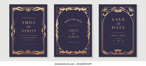 Luxury wedding invitation card vector. Elegant art nouveau classic antique design, rose gold lines gradient, frame on purple background. Premium design illustration for gala, grand opening, art deco.