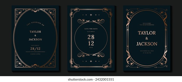 Luxury wedding invitation card vector. Elegant art nouveau classic antique design, rose gold lines gradient, frame on navy background. Premium design illustration for gala, grand opening, art deco.