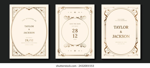 Vector de invitación de boda de lujo. Elegante art nouveau clásico diseño antiguo, degradado de líneas doradas, marco sobre fondo claro. Ilustración de diseño premium para gala, gran inauguración, art deco.