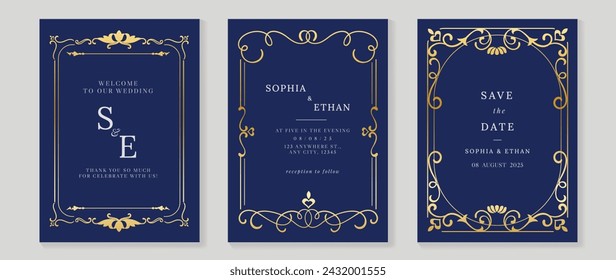 Luxury wedding invitation card vector. Elegant art nouveau classic antique design, gold line gradient, frame on blue background. Premium design illustration for gala, grand opening, art deco.