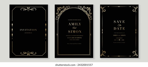 Luxury wedding invitation card vector. Elegant art nouveau classic antique design, gold line gradient, frame on dark background. Premium design illustration for gala, grand opening, art deco.