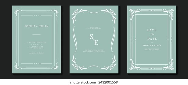 Luxury wedding invitation card vector. Elegant art nouveau classic antique design, white line, frame on green background. Premium design illustration for gala, grand opening, art deco.