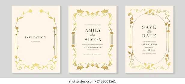 Luxury wedding invitation card vector. Elegant art nouveau classic antique design, gold line gradient, frame on light background. Premium design illustration for gala, grand opening, art deco.