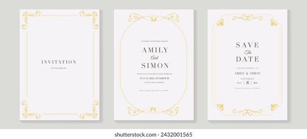 Luxury wedding invitation card vector. Elegant art nouveau classic antique design, gold line gradient, frame on white background. Premium design illustration for gala, grand opening, art deco.