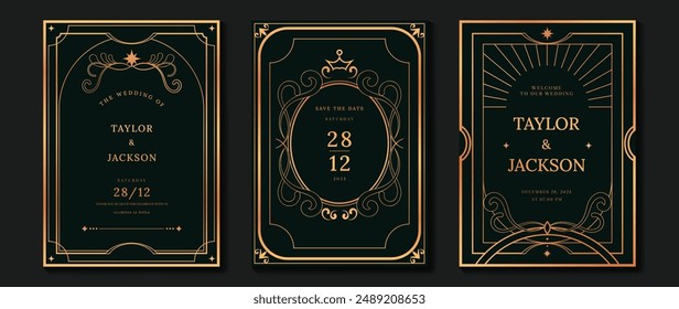 Luxury wedding invitation card vector. Elegant art deco classic antique design, gold lines gradient, frame on dark background. Premium design illustration for gala, grand opening, VIP cover.