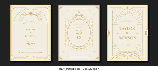 Vector de invitación de boda de lujo. Elegante art deco clásico diseño antiguo, degradado de líneas doradas, marco sobre fondo claro. Ilustración de diseño de Premium para gala, gran inauguración, portada VIP.