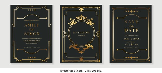 Luxury wedding invitation card vector. Elegant art deco classic antique design, gold lines gradient, frame on dark green background. Premium design illustration for gala, grand opening, VIP cover.