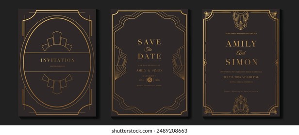 Luxury wedding invitation card vector. Elegant art deco classic antique design, gold lines gradient, frame on dark brown background. Premium design illustration for gala, grand opening, VIP cover.