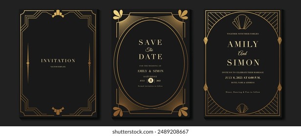 Vector de invitación de boda de lujo. Elegante art deco clásico diseño antiguo, degradado de líneas doradas, marco sobre fondo oscuro. Ilustración de diseño de Premium para gala, gran inauguración, portada VIP.