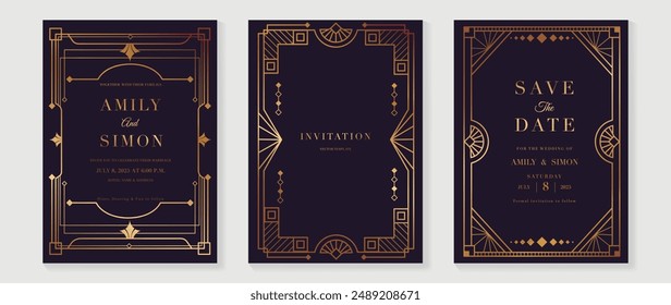 Luxury wedding invitation card vector. Elegant art deco classic antique design, gold lines gradient, frame on dark purple background. Premium design illustration for gala, grand opening, VIP cover.