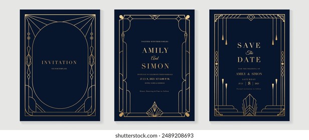 Luxury wedding invitation card vector. Elegant art deco classic antique design, gold lines gradient, frame on navy blue background. Premium design illustration for gala, grand opening, VIP cover.