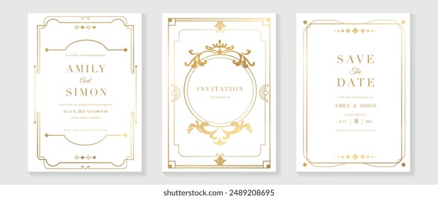 Luxuriöse Hochzeitseinladungskarte Vektorgrafik. Elegantes Art Deco klassisches antikes Design, Goldlinien-Gradient, Rahmen auf hellem Hintergrund. Premium Design Illustration für Gala, Grand Opening, VIP Cover.