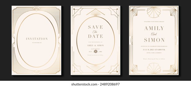 Luxuriöse Hochzeitseinladungskarte Vektorgrafik. Elegantes Art Deco klassisches antikes Design, Goldlinien-Gradient, Rahmen auf hellem Hintergrund. Premium Design Illustration für Gala, Grand Opening, VIP Cover.