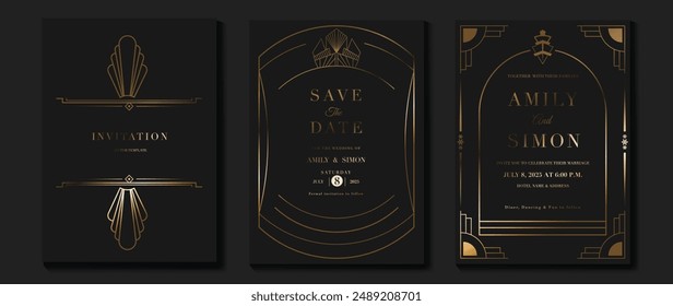 Vector de invitación de boda de lujo. Elegante art deco clásico diseño antiguo, degradado de líneas doradas, marco sobre fondo oscuro. Ilustración de diseño de Premium para gala, gran inauguración, portada VIP.