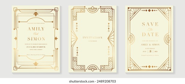 Luxury wedding invitation card vector. Elegant art deco classic antique design, gold lines gradient, frame on light background. Premium design illustration for gala, grand opening, VIP cover.